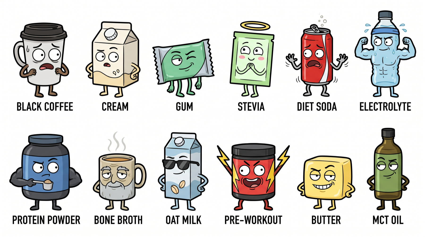 Cartoon lineup of common fasting questions