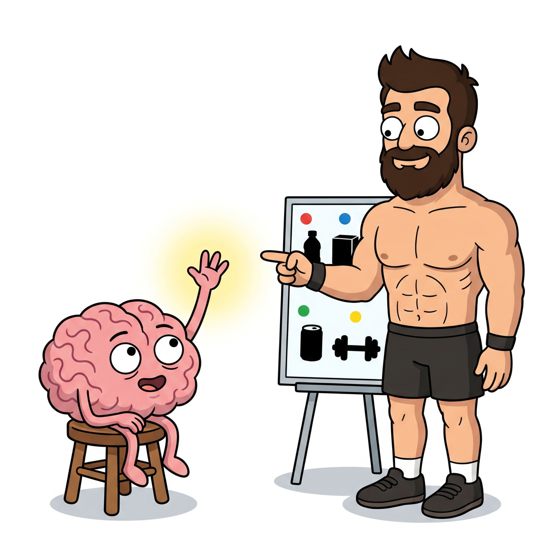 Brain raises a hand while Fasted Fred answers a question at the whiteboard