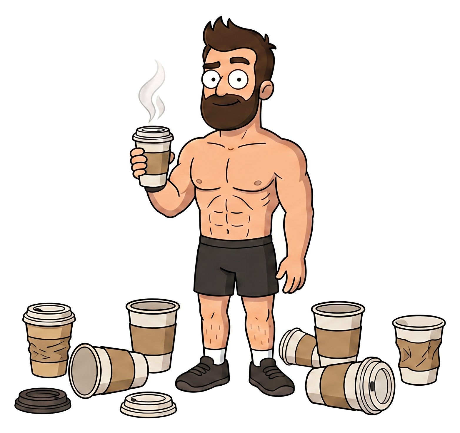 Fasted Fred holding coffee beside a pile of empty coffee cups