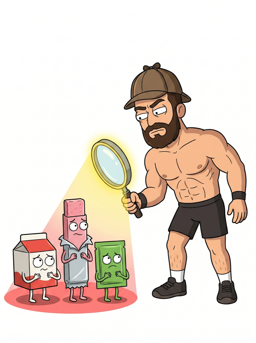 Fasted Fred examines a milk carton, packaged food, and sweetener with a magnifying glass
