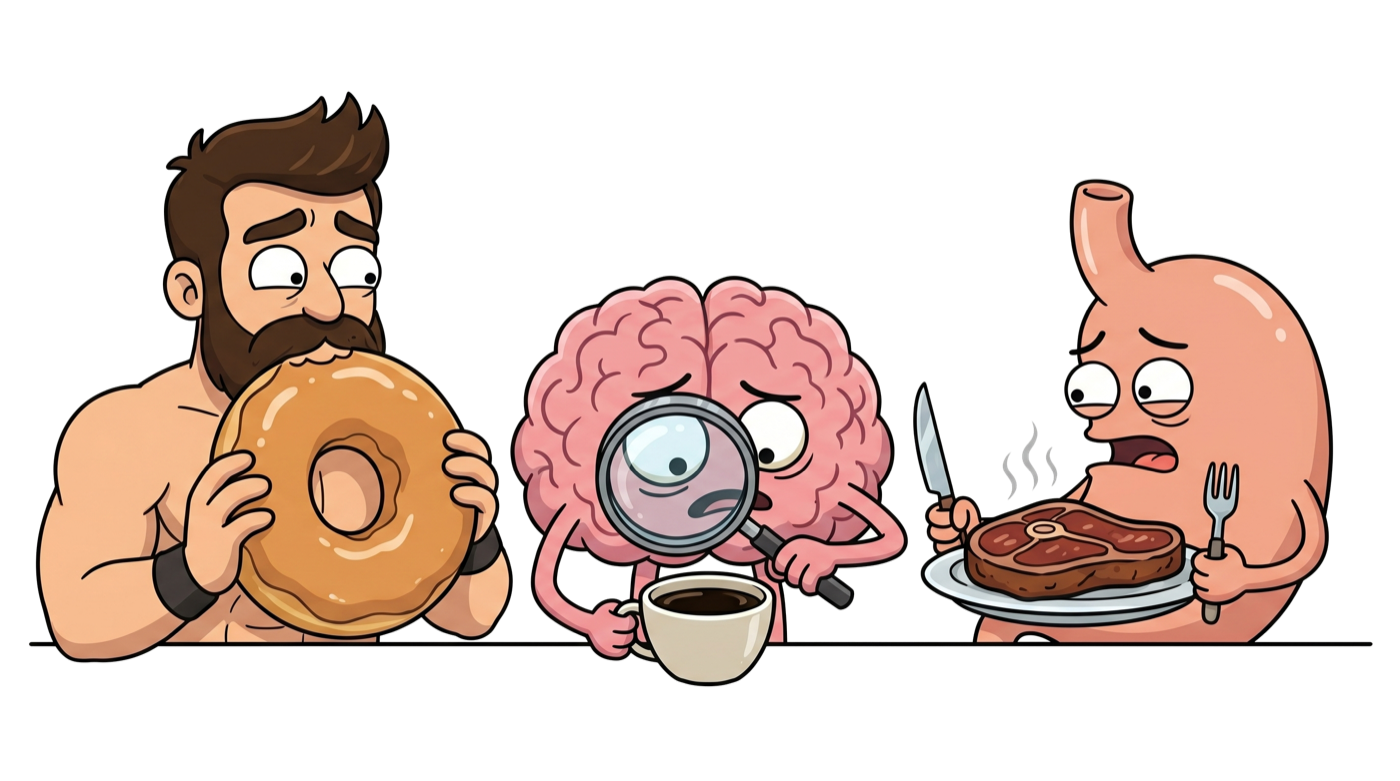 Fasted Fred, Brain, and Stomach wondering whether a donut, black coffee, and steak break their fast