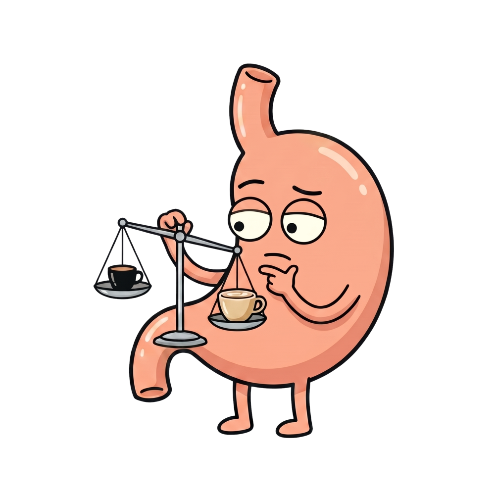 Stomach weighing black coffee against coffee with cream