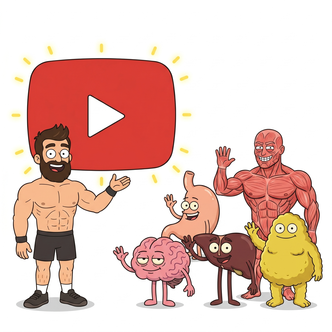 Fasted Fred and the supporting cast beside the YouTube play button